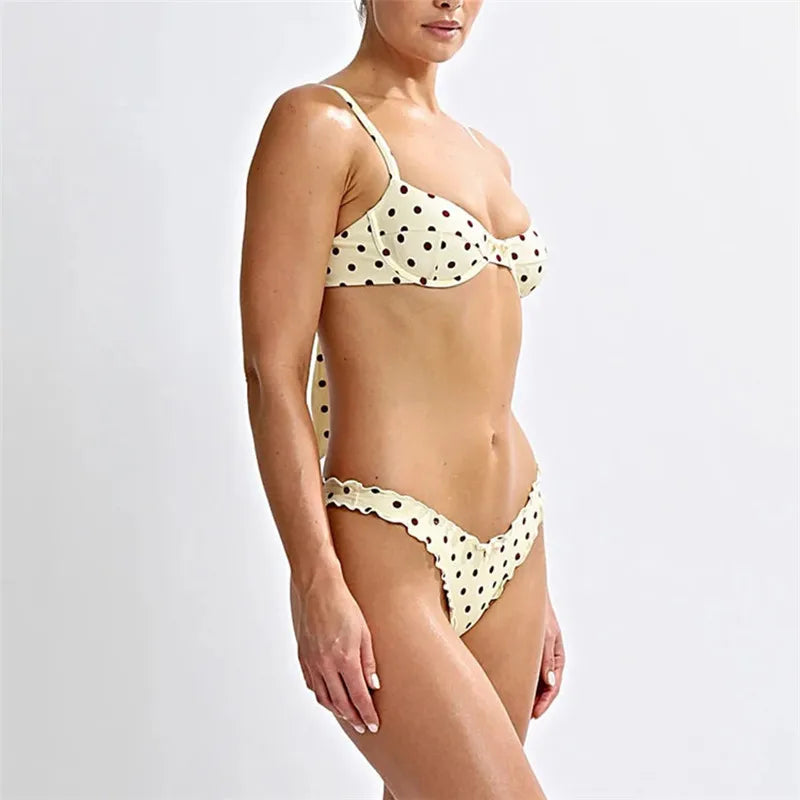 hirigin Women Dots Print 2pcs Bikini Set Holiday Swimsuits Tie-Up Back Bikini Tops Low Rise Thongs Female Bathing Suit Beachwear