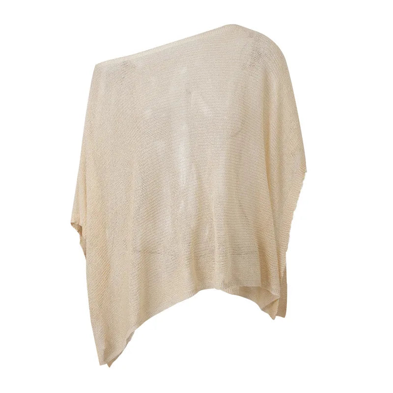 hirigin Women Knit Poncho Top One Shoulder Asymmetric Irregular Hanky Hem Sheer See Through Batwing Cover Up Summer Beachwear