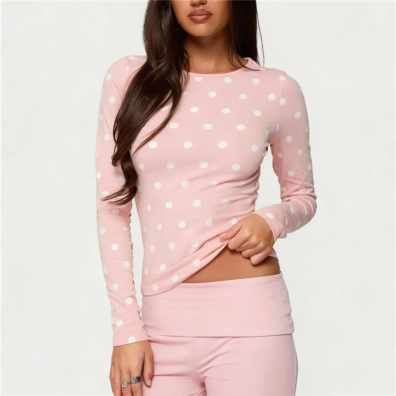 VacationGrabs  Y2K Coquette Polka Dot Long Sleeve Crew Neck Slim Fitted T-Shirt Crop Top Women Casual Bodycon Spring Fall Streetwear