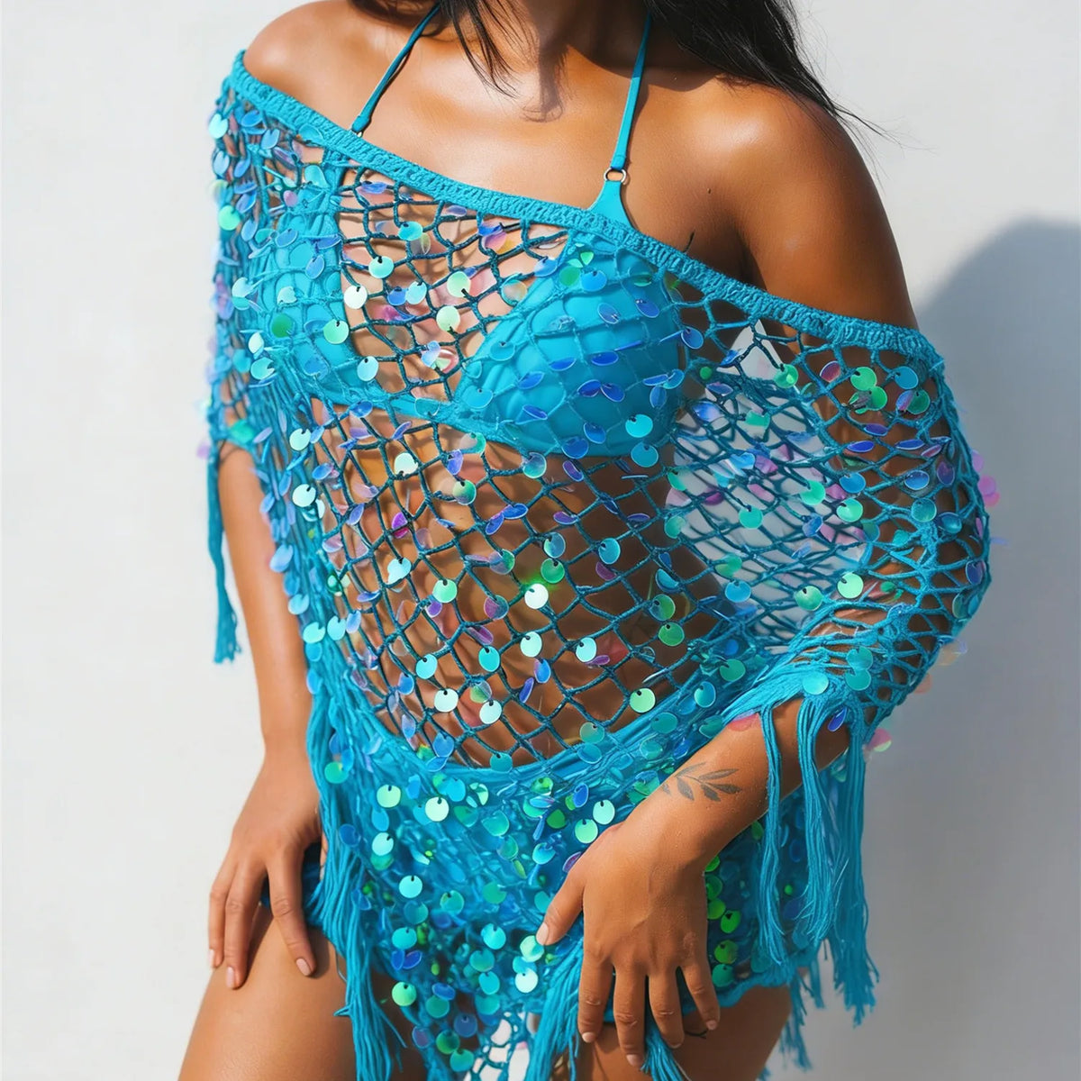 hirigin Women's Tassel Knit Ponchos Fashion Sequin Off One Shoulder Loose Fit Crochet Shrug Shawl for Casual Beach Wear