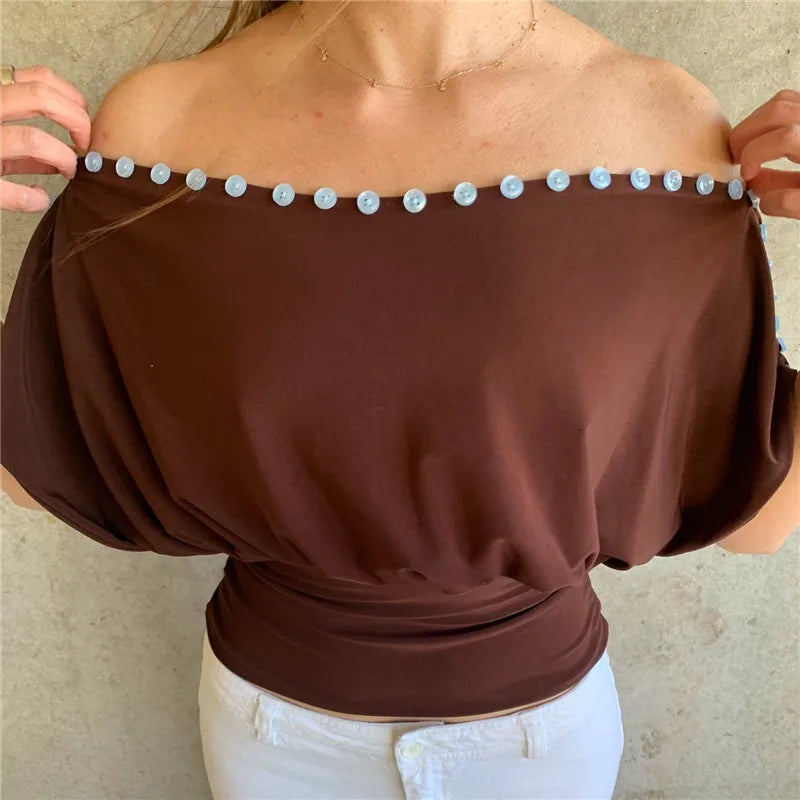 VacationGrabs  Y2K Vintage Off Shoulder Draped Blouse With Button Trim Slim Fit Ruched Waist For Women Casual Streetwear Party Top
