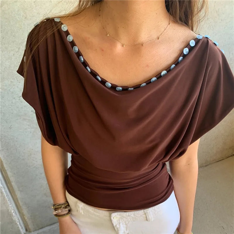VacationGrabs  Y2K Vintage Off Shoulder Draped Blouse With Button Trim Slim Fit Ruched Waist For Women Casual Streetwear Party Top