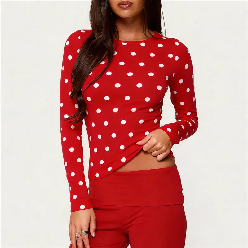 VacationGrabs  Y2K Coquette Polka Dot Long Sleeve Crew Neck Slim Fitted T-Shirt Crop Top Women Casual Bodycon Spring Fall Streetwear