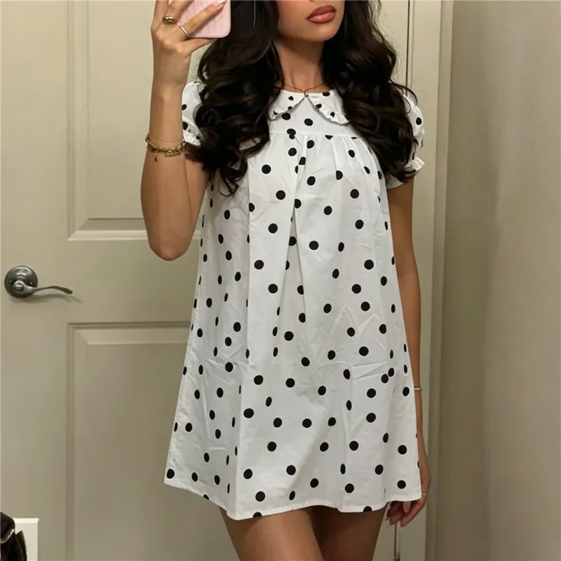 VacationGrabs  Cute Ruffle Collar Polka Dot/Striped Dress Women's Short Puff Sleeve Loose A-Line Casual Mini Sundress Summer Streetwear