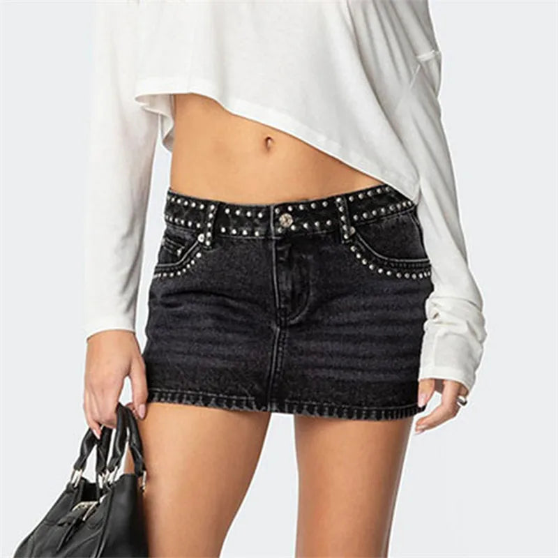 VacationGrabs  Womens Studded Denim Mini Skirt Low Waist Vintage Micro Skirt Y2K Aesthetic Streetwear Clubwear Party Slim Fit Skirt