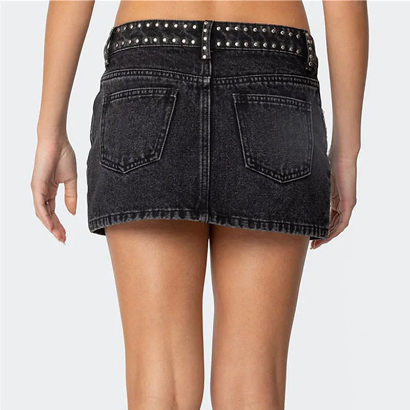 VacationGrabs  Womens Studded Denim Mini Skirt Low Waist Vintage Micro Skirt Y2K Aesthetic Streetwear Clubwear Party Slim Fit Skirt