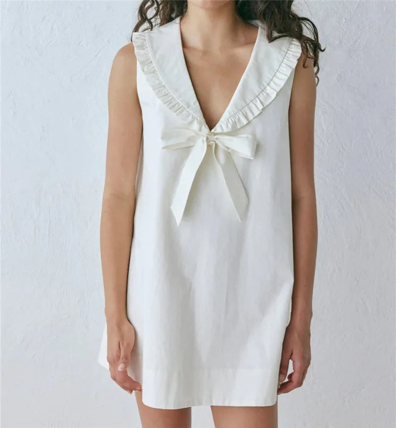 hirigin Women Sleeveless A Line Mini Dress Ruffled Sailor Collar V Neck Bow Knot Loose Casual Summer Beach Vacation Short Dress