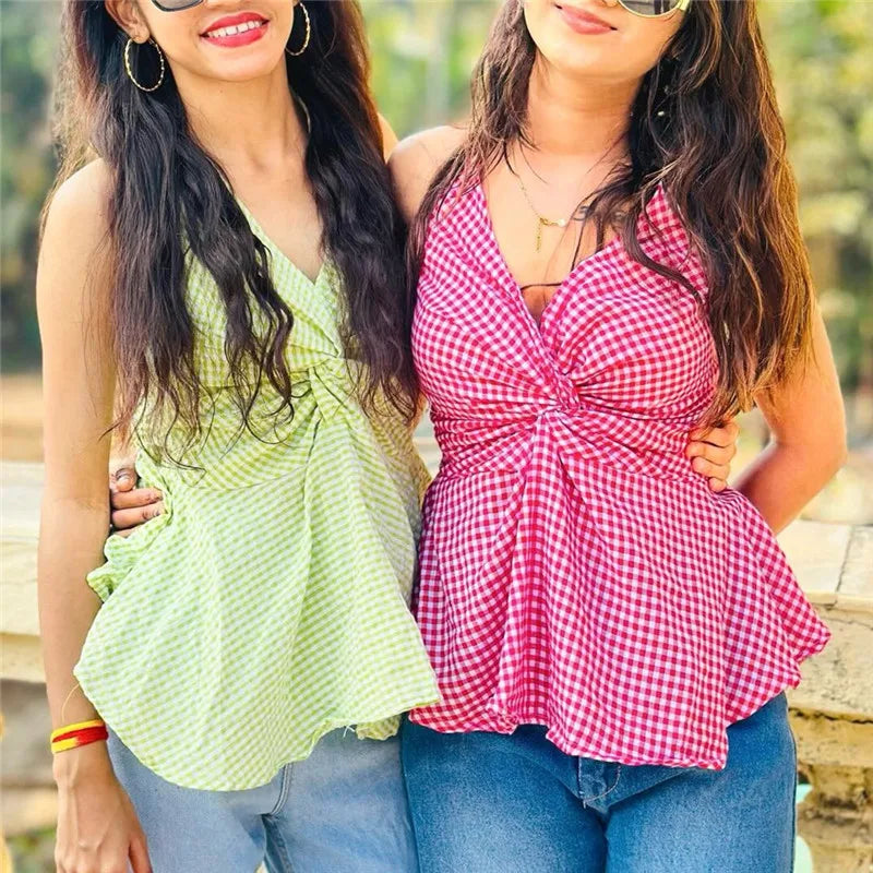 VacationGrabs  Women Gingham Halter Neck Top Twist Front Peplum Hem Sleeveless Plaid Casual Summer V Neck Backless Tank Top StreetWear