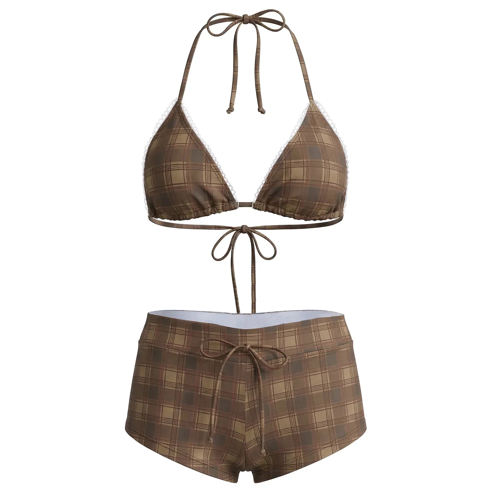 hirigin Women's 2 Piece Bikini Set Fashion Plaid Print Sleeveless Halter Neck Triangle Tops and Low Waist Boyshorts Bathing Suit