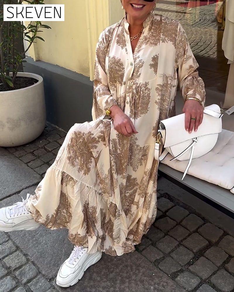 Loose printed V-neck bell sleeve patchwork dress