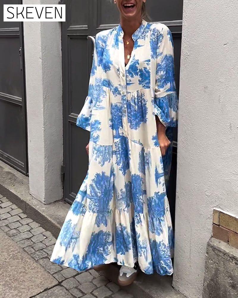 Loose printed V-neck bell sleeve patchwork dress