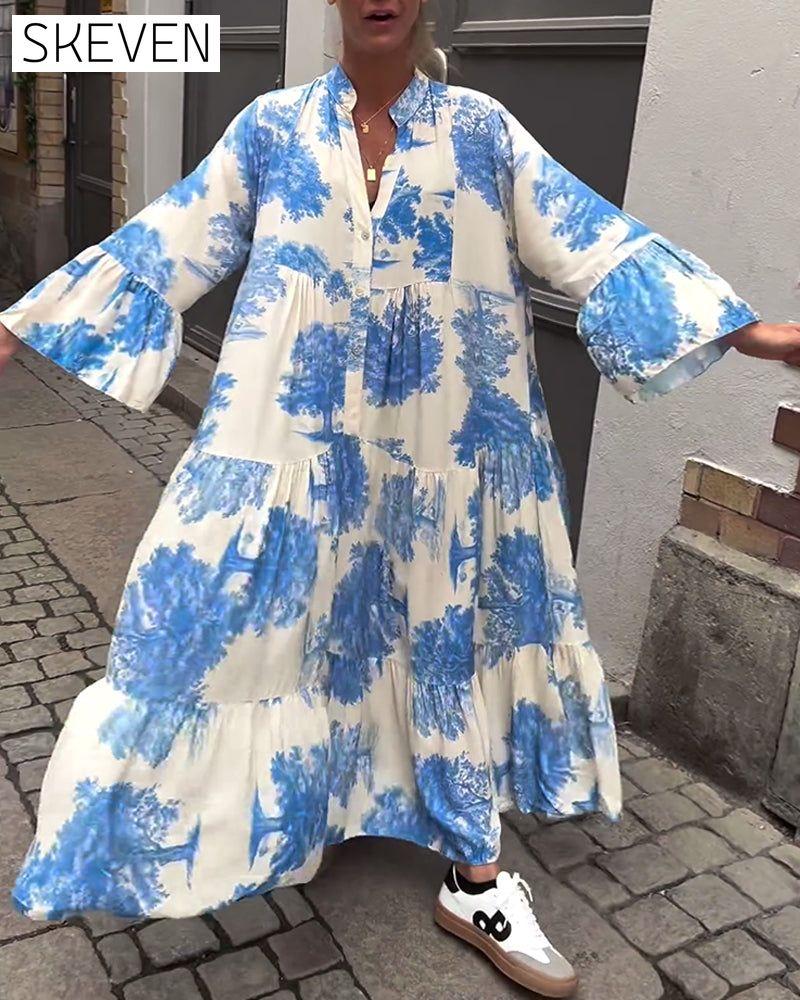 Loose printed V-neck bell sleeve patchwork dress