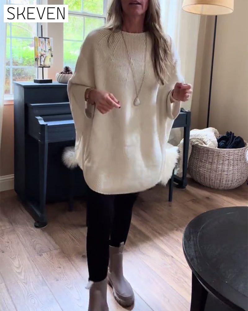 Fashion solid color bat sleeve round neck pullover