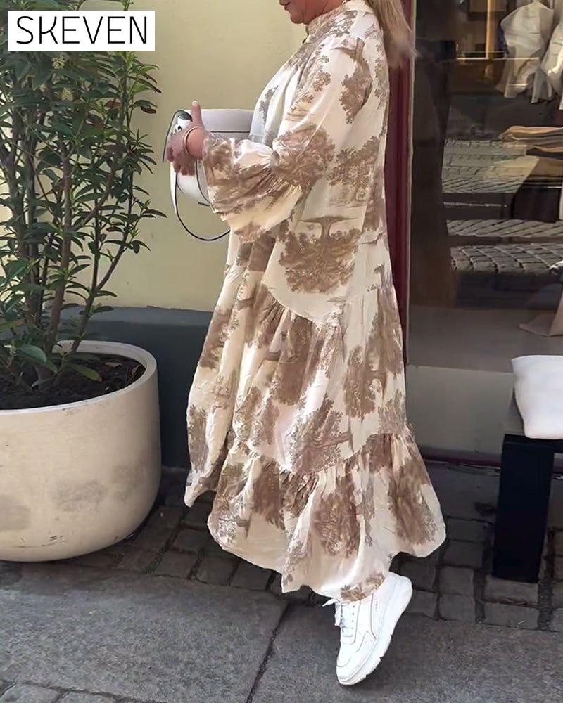 Loose printed V-neck bell sleeve patchwork dress