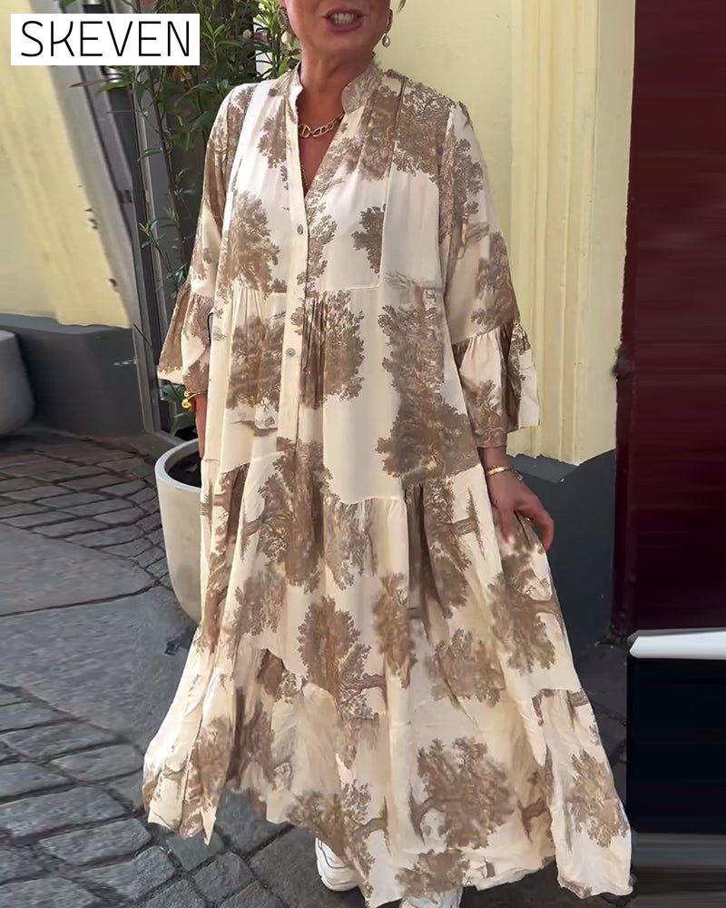 Loose printed V-neck bell sleeve patchwork dress