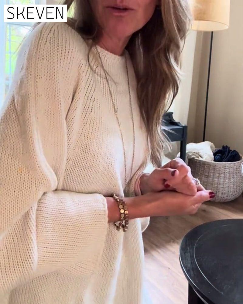 Fashion solid color bat sleeve round neck pullover