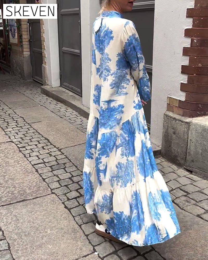 Loose printed V-neck bell sleeve patchwork dress