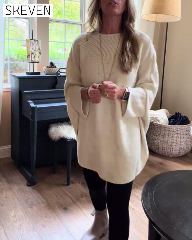 Fashion solid color bat sleeve round neck pullover