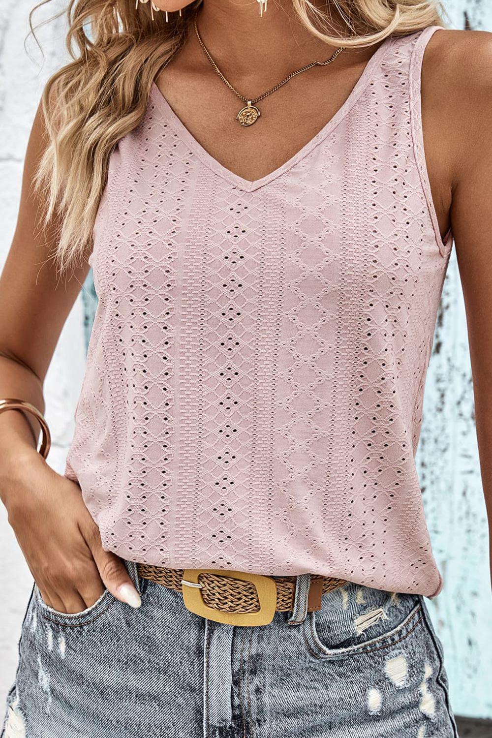 Blue Zone Planet |  Twist Back V-Neck Eyelet Tank
