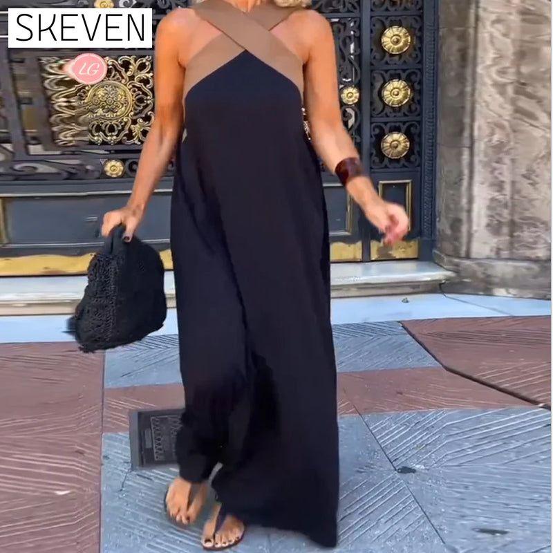 Elegantes Kleid mit gekreuztem Rückenausschnitt und Kontrastfarbe