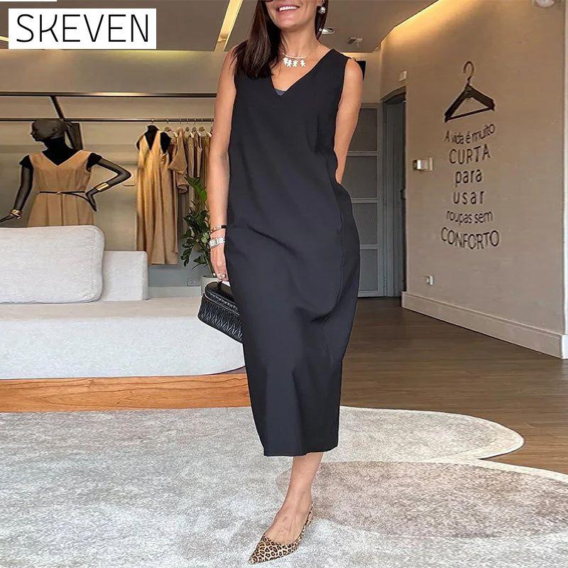 Robe décontractée sans manches à col en V et fente unie