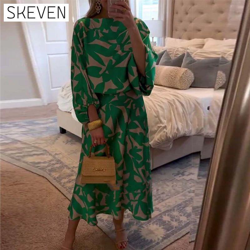 Temperament Printed Lantern Sleeves Casual Dress Set