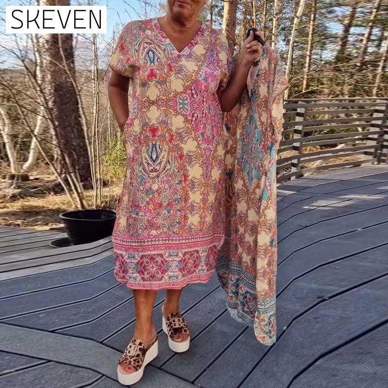 V-Neck Short-Sleeved Printed Shift Dress