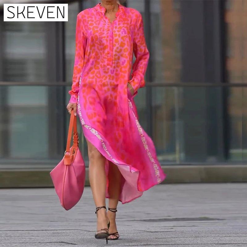 Long-Sleeved Leopard Print Slit Dress