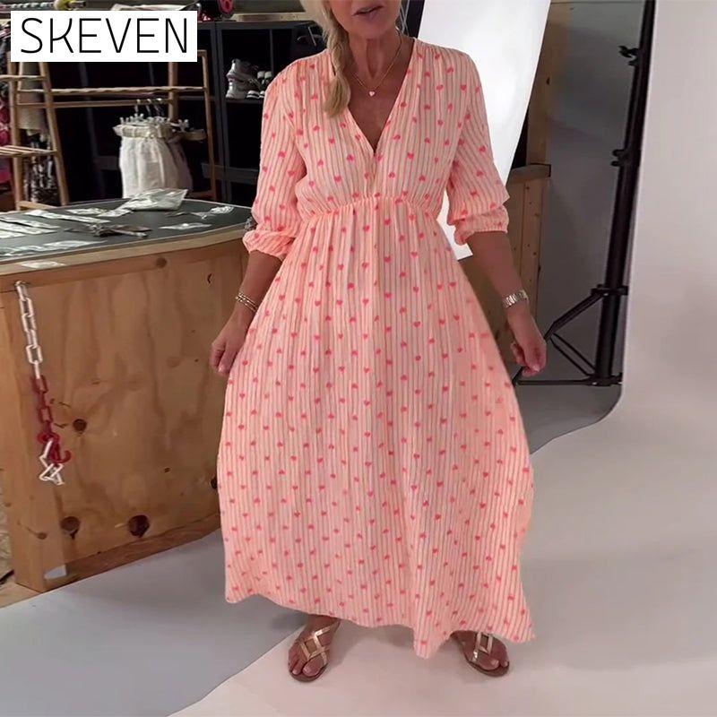Robe élégante à col en V et imprimé cœur