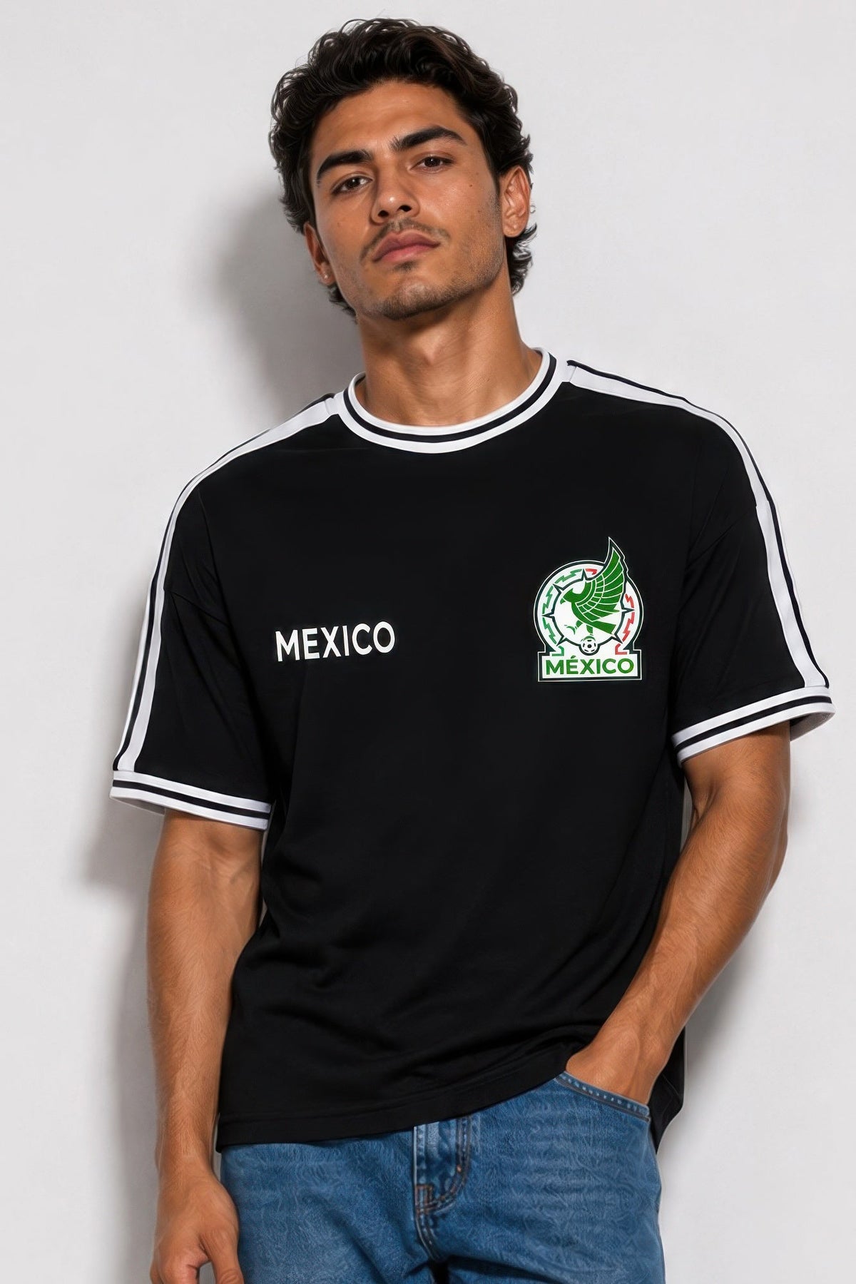 Mens Mexico Print Short Sleeve Striped Tape Tshirt