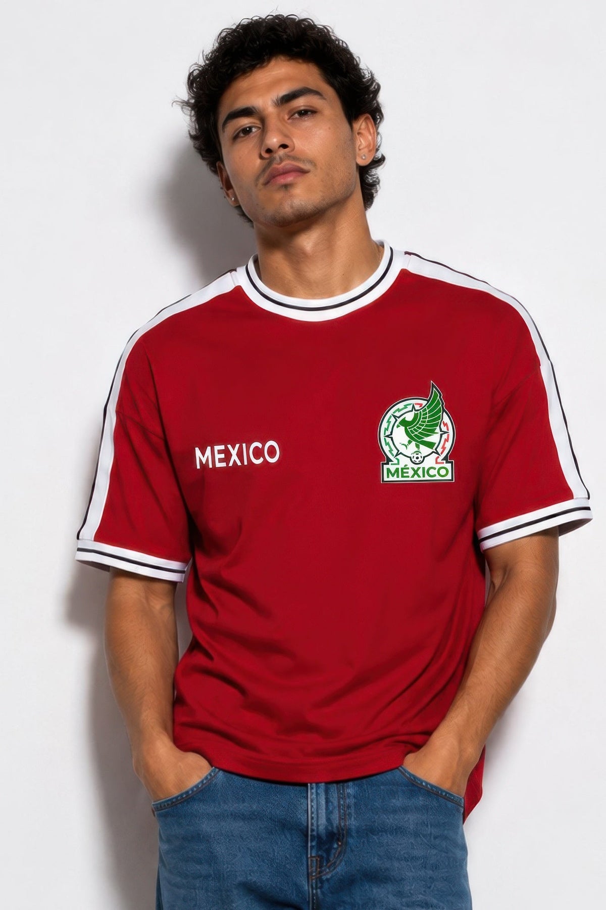 Mens Mexico Print Short Sleeve Striped Tape Tshirt