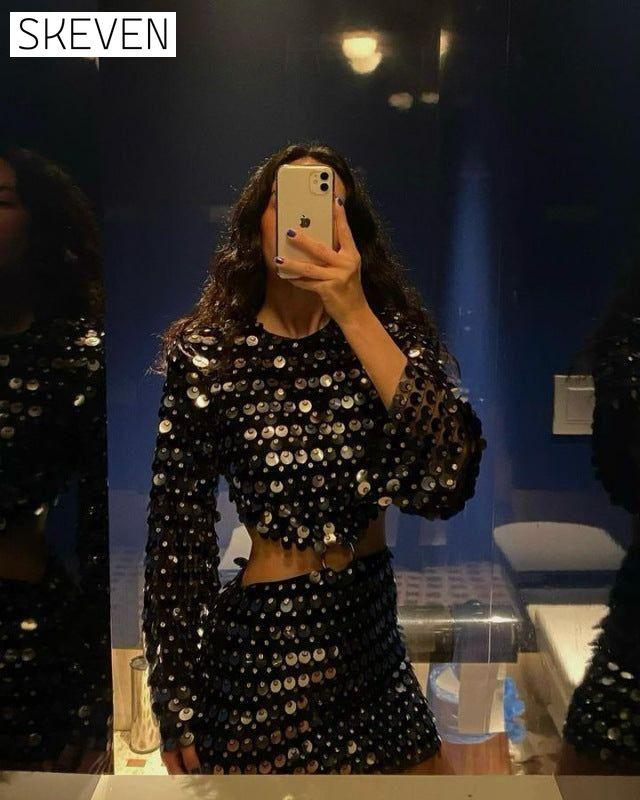 Women's fashion new sequined irregular Sequin Cutout dress Black clothes dress dresses evening dress evening dresses long sleeve dresses long sleve dresses pink dresses short dress short dresses
