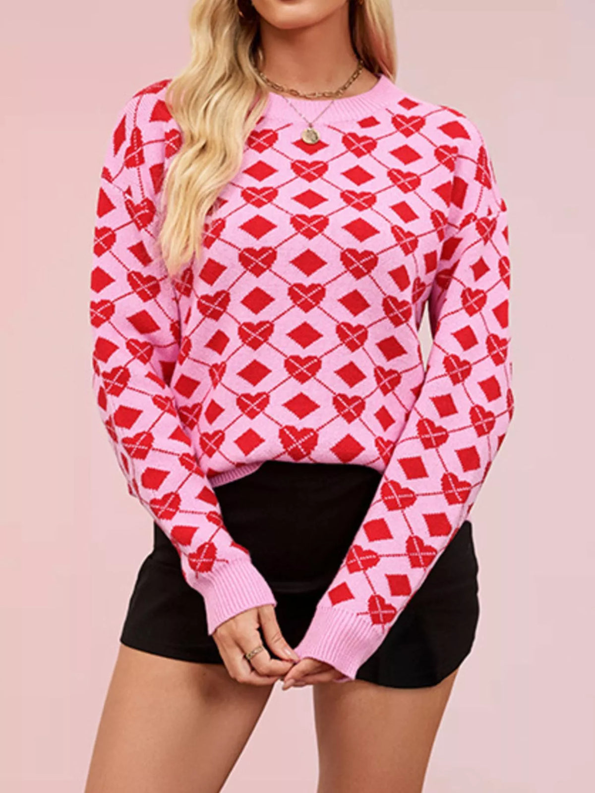 Heart Pattern Argyle Knit Long Sleeve Sweater