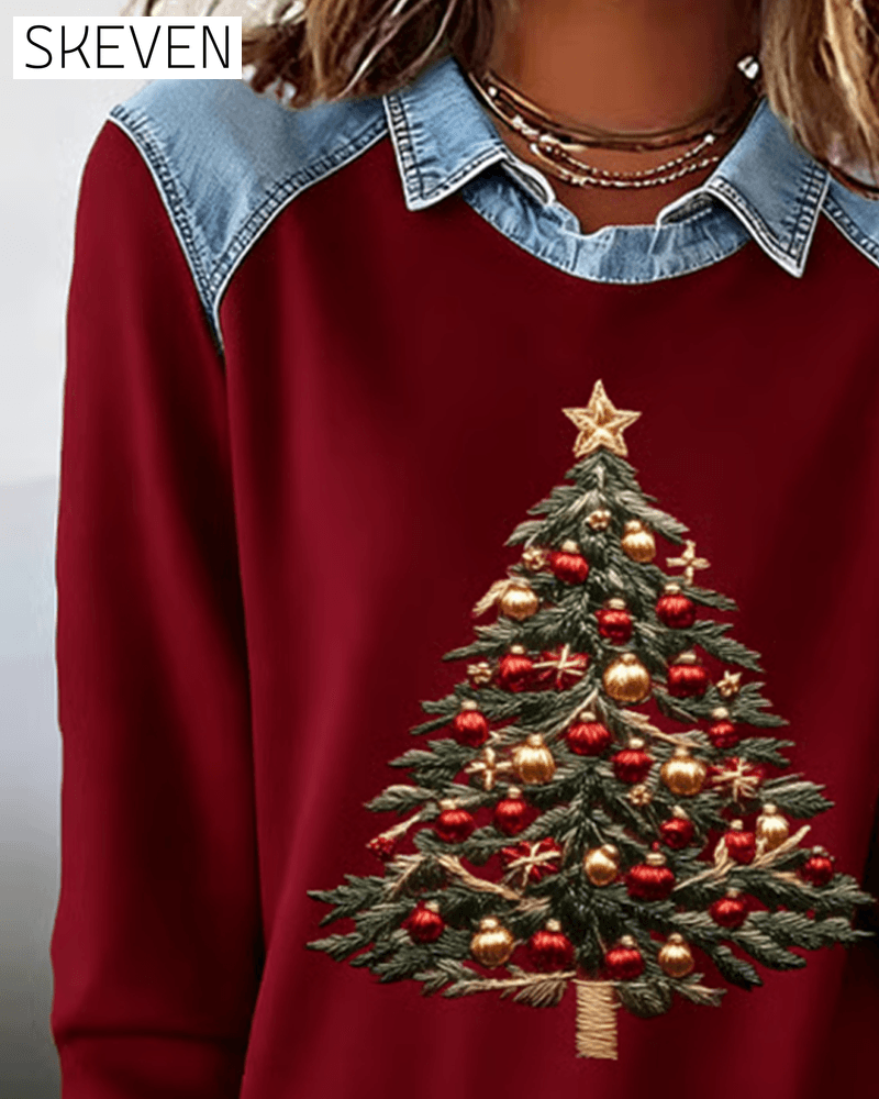 Denim Patchwork Christmas Print Sweatshirt