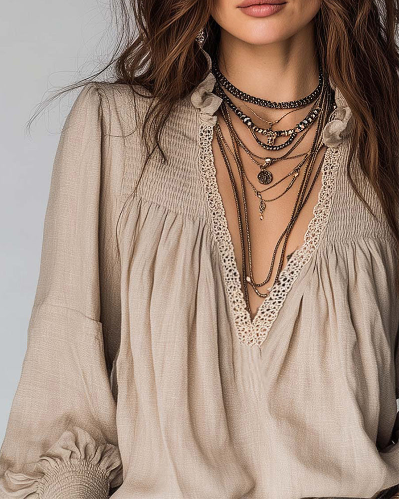 Deep V Neck Puff Sleeve Blouse