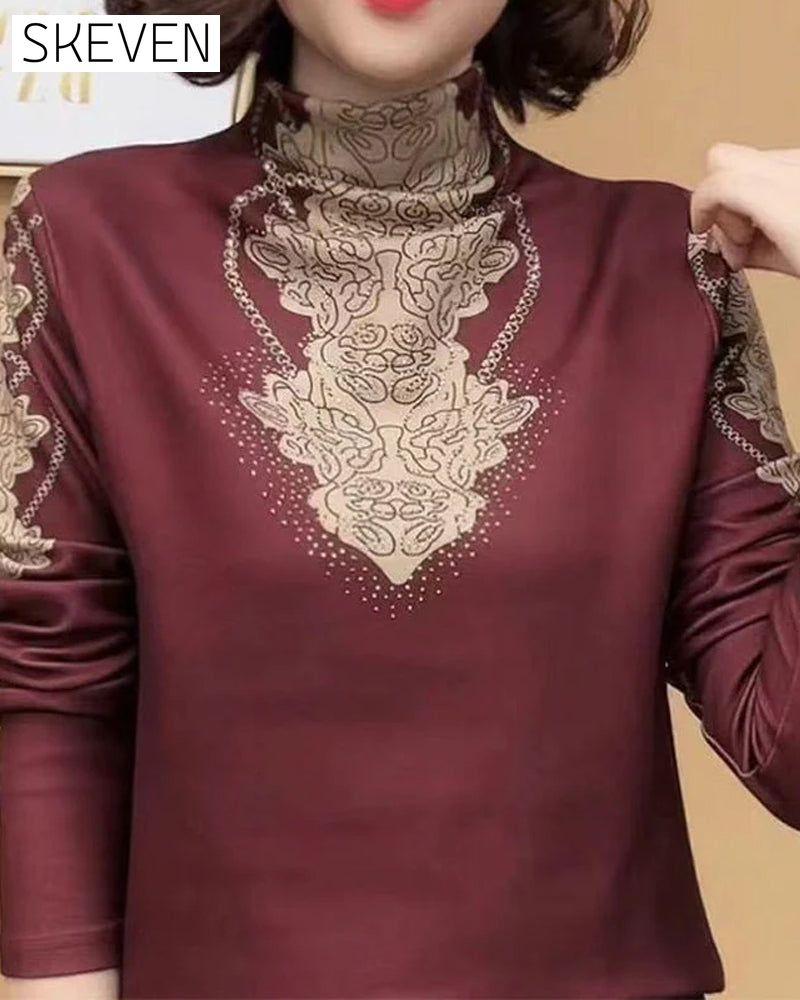 Elegant Printed Fitted Women's Stand Collar Top