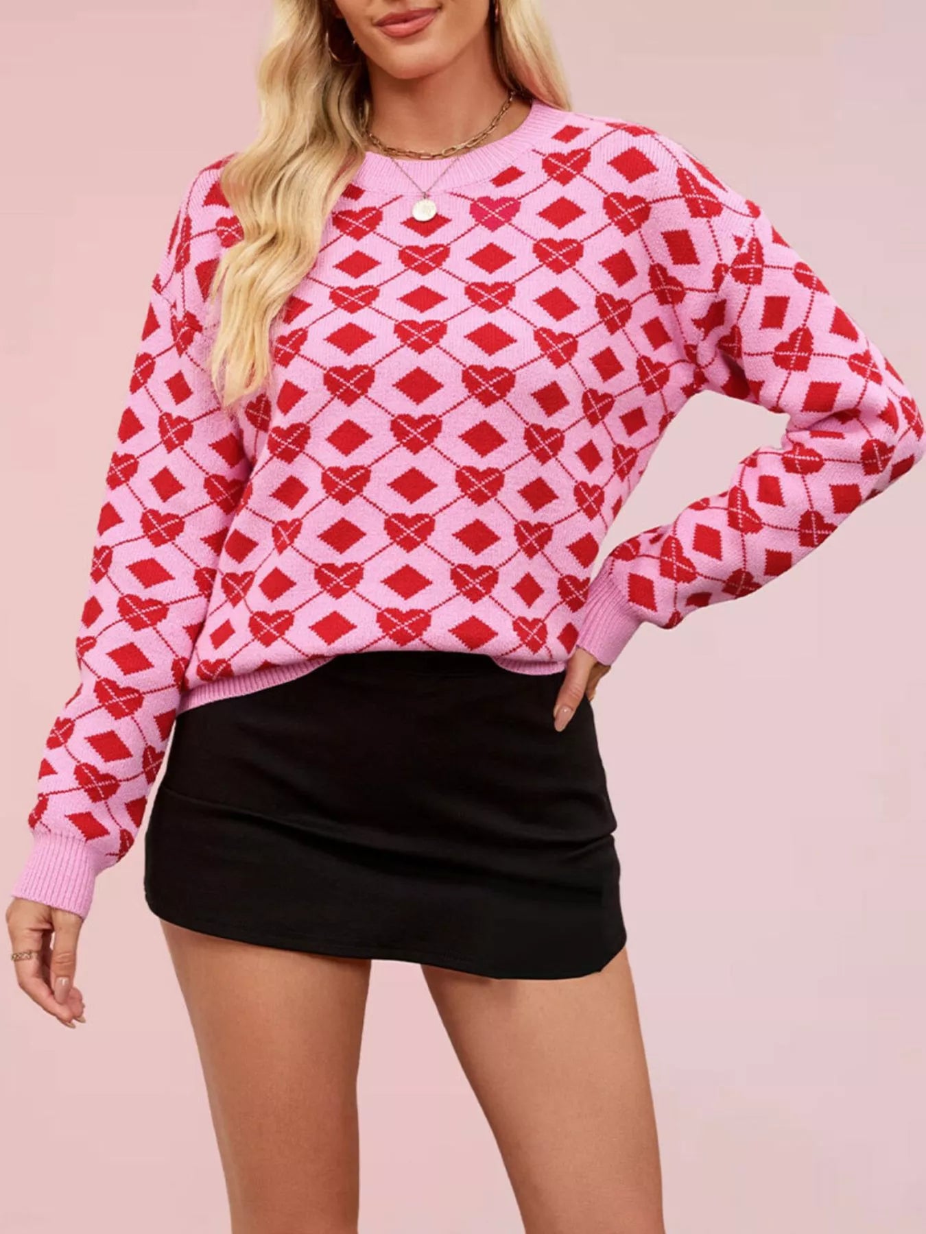 Heart Pattern Argyle Knit Long Sleeve Sweater