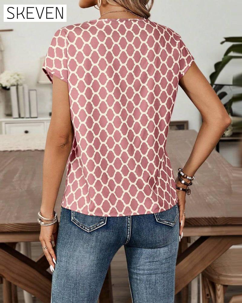 Round Neck Diamond Print Short-Sleeved Blouse