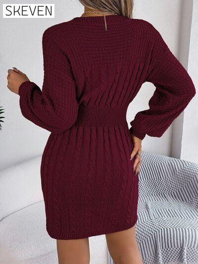 Cable-Knit Cutout Round Neck Slit Long Sleeve Sweater Dress B.J.S clothes dress dresses long sleeve dress long sleeve dresses Ship From Overseas short dresses