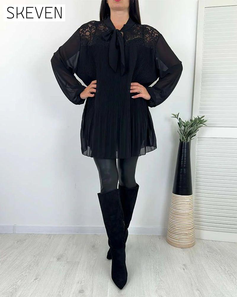 Solid Color Ribbon Pleated Loose Blouse