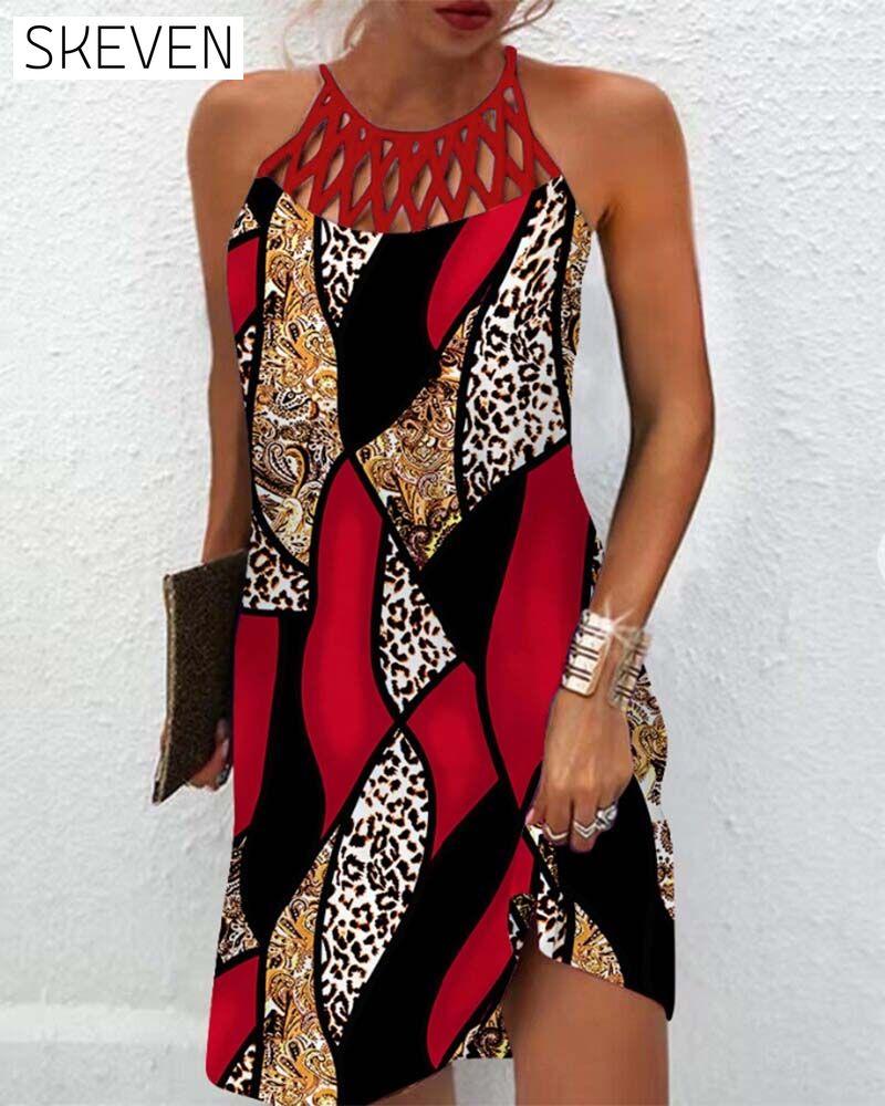 Hollow sleeveless contrast color dress