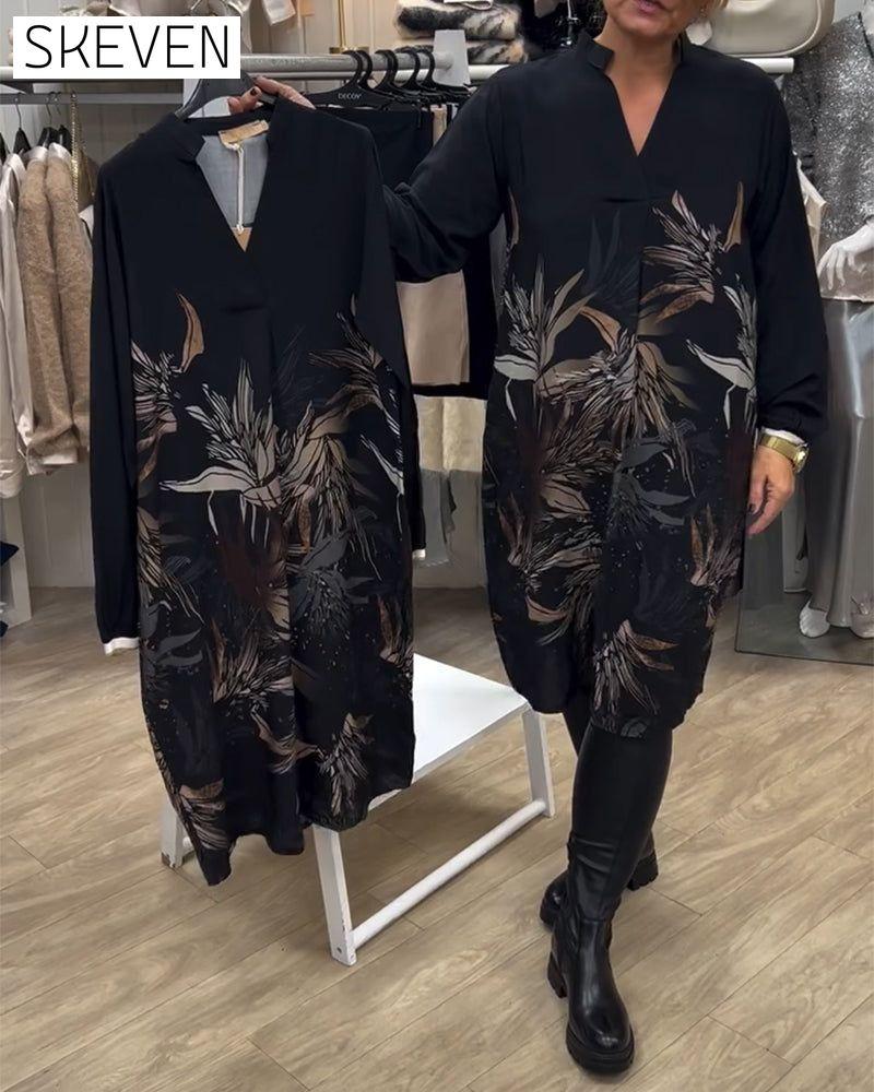 V-Neck Leaf Print Long-Sleeved Dress