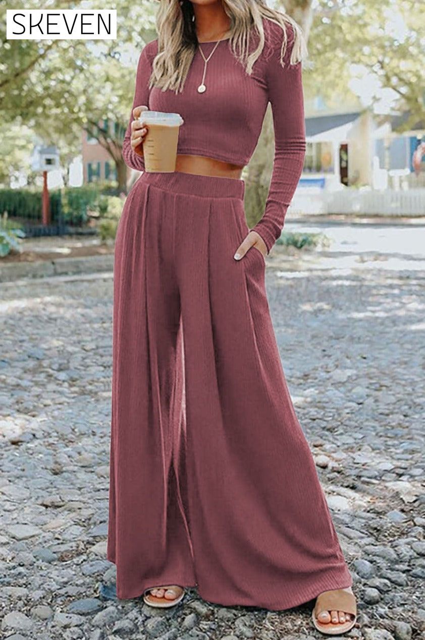 Solid Color Ribbed Crop Top Long Pants Set 2 piece Best Sellers bottoms clothes crop top EDM Monthly Recomend Fabric Ribbed long pants set Occasion Daily Print Solid Color Season Winter set sets shirts Silhouette Wide Leg Style Casual