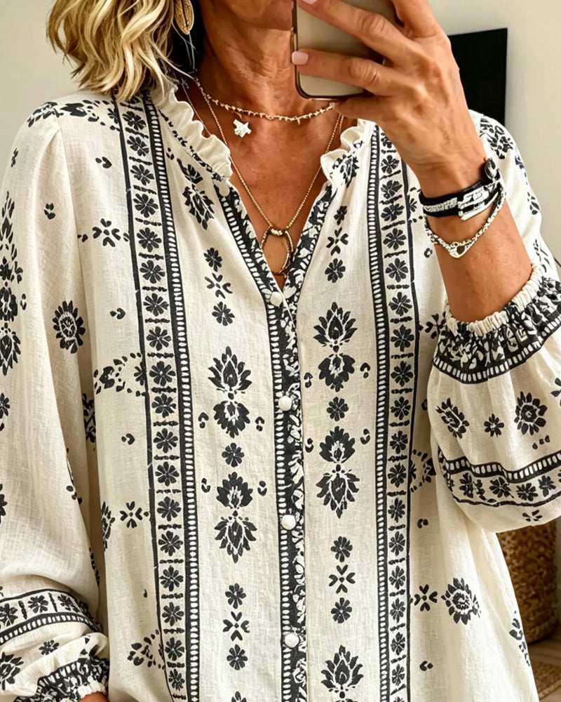 V-Neck Lace-Trim Puff-Sleeve Print Blouse