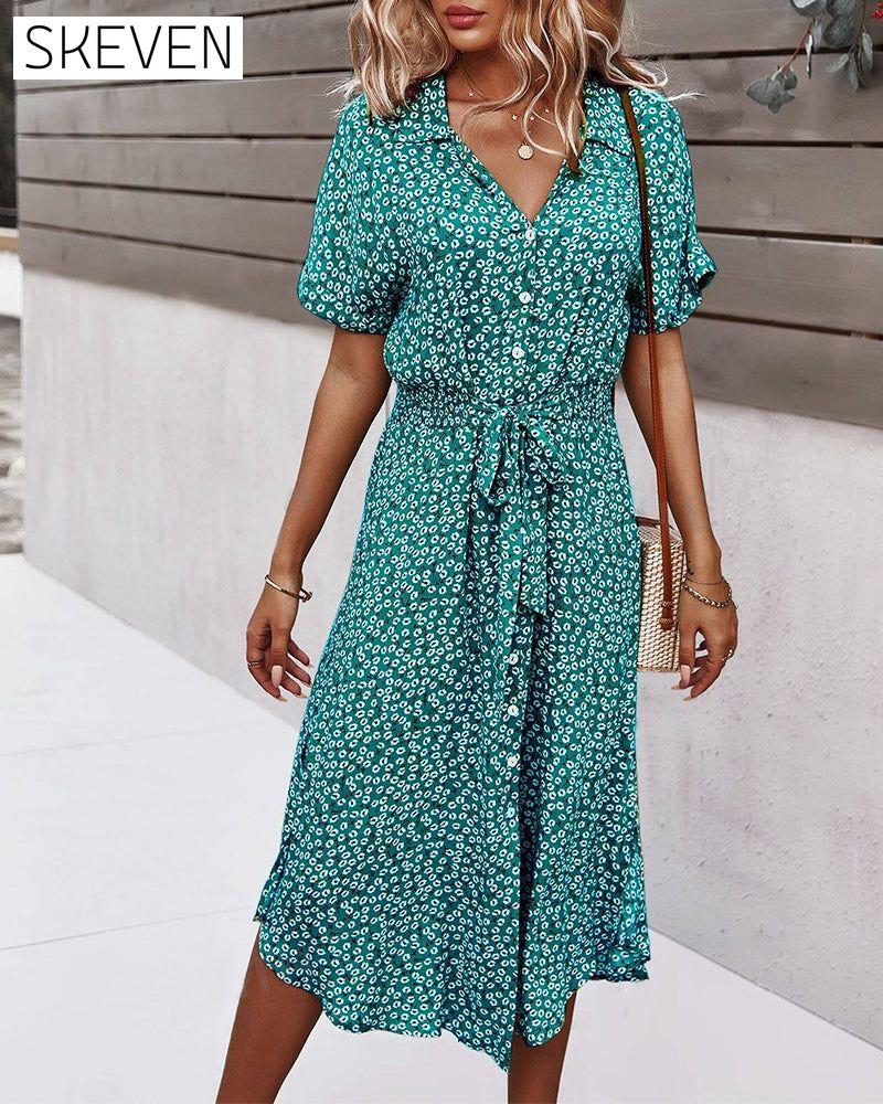 Short-sleeved waisted floral dress