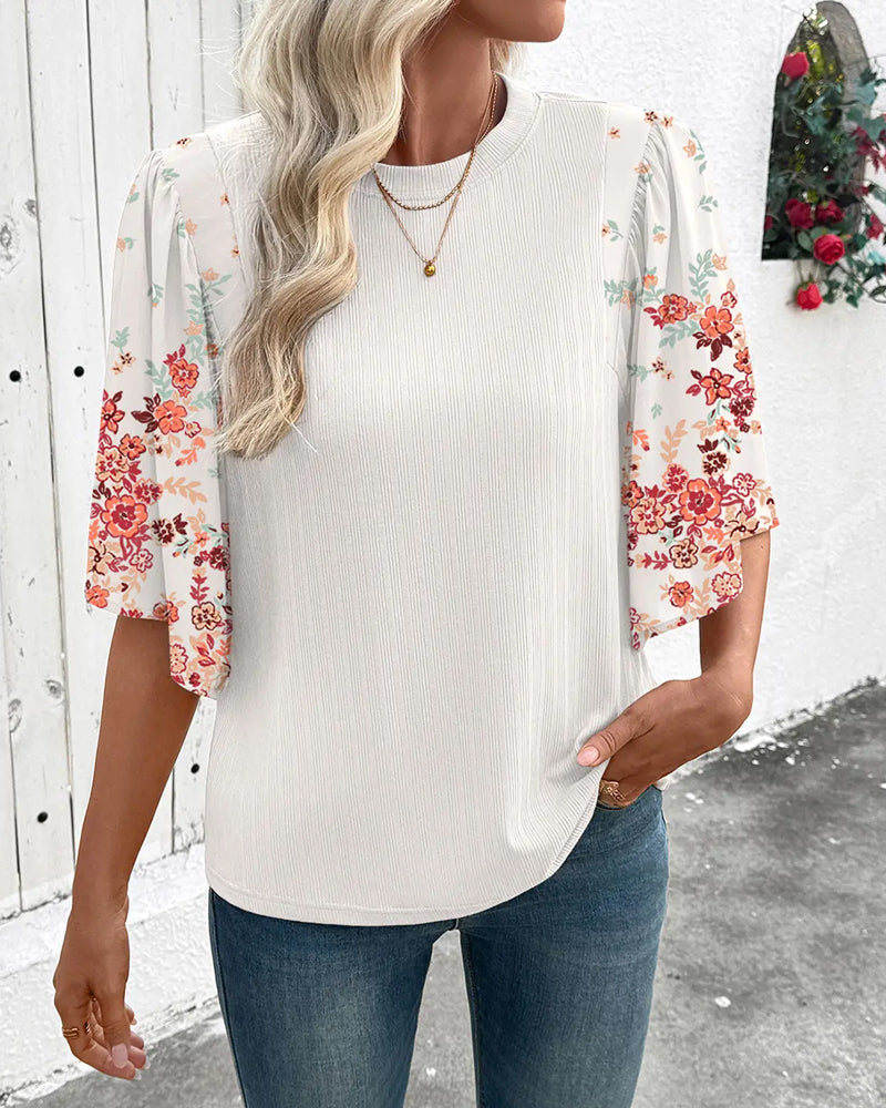 Round Neck Floral Flared Sleeve T-Shirt