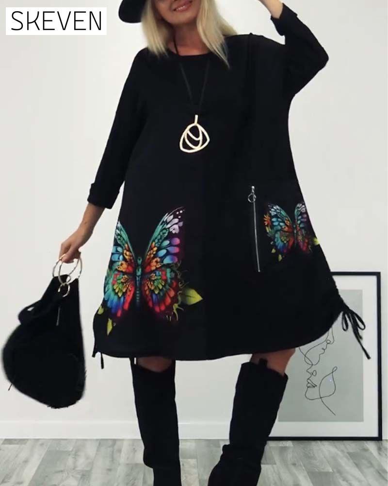robe à manches longues imprimée papillon avec poches