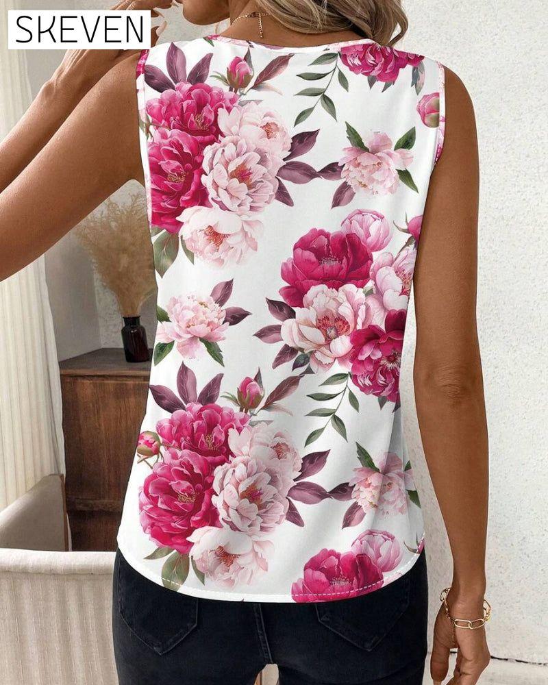 Ärmellose Bluse mit Rosenmuster und V-Ausschnitt