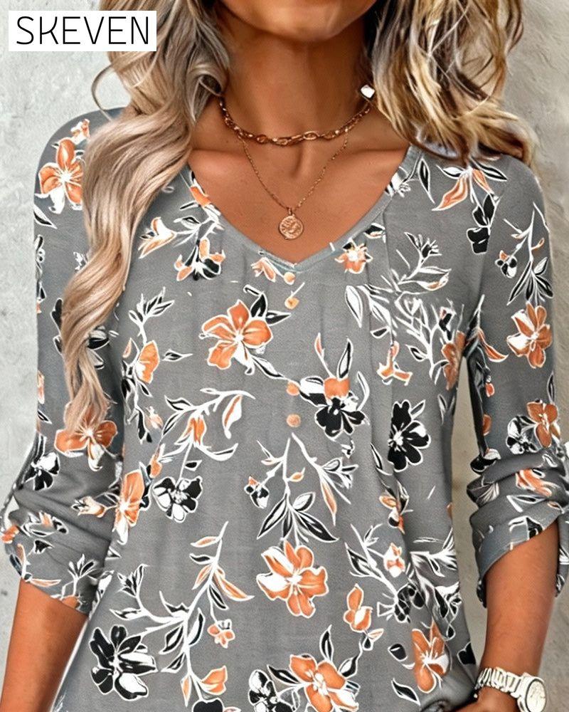 V-neck leaf print top