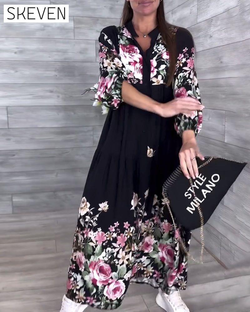 Floral Print Casual Lantern Sleeve Dress